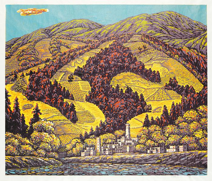 《阳光下的羌寨》(版画)邝明惠 作