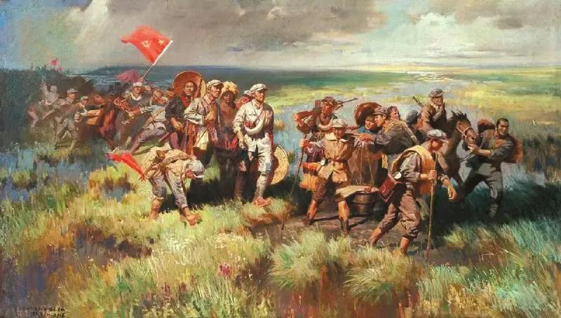 《红军过草地》(第一稿),布面油画,张文源 作,1976年(图片来源:四川