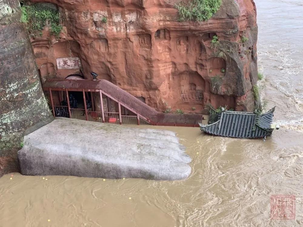 1949年来首次乐山大佛被洪水淹至脚趾当地紧急救援上千名群众